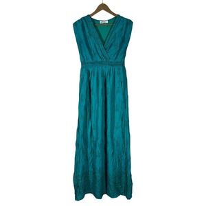 Lapogee Floral Maxi Dress With Pockets Teal Blue Boho Smocked Hippie Size L